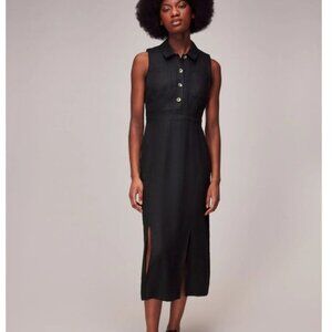 Whistles Dress Womens 14 Black Molly Linen Midi Sleeveless Collared Front Slits